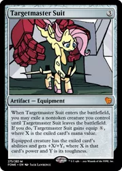 Size: 375x523 | Tagged: safe, artist:jack lawrence, derpibooru import, edit, idw, fluttershy, pegasus, spoiler:the magic of cybertron04, armor, ccg, exosuit, image, magic the gathering, png, ratchet, the magic of cybertron, trading card, trading card edit, transformers