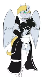 Size: 800x1200 | Tagged: suggestive, artist:d-lowell, oc, oc:cutting chipset, unofficial characters only, anthro, pegasus, unguligrade anthro, blushing, clothes, crossdressing, crotch bulge, dress, ear clip, ear piercing, earring, femboy, image, jewelry, jpeg, looking at you, maid, male, panties, piercing, simple background, solo, stockings, thigh highs, trap, underwear, white background, wings