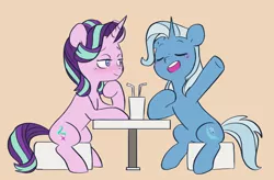 Size: 3549x2324 | Tagged: safe, artist:chub-wub, derpibooru import, starlight glimmer, trixie, pony, unicorn, blushing, drink, eyes closed, female, image, jpeg, lesbian, mare, open mouth, shipping, simple background, sitting, startrix, stool, straw, table, yellow background