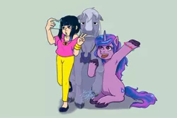 Size: 1772x1181 | Tagged: safe, artist:shacy's pagelings, derpibooru import, izzy moonbow, horse, human, pony, unicorn, blue background, bracelet, bridgette yoshida, centaurworld, close enough, clothes, crossover, female, g5, horse (centaurworld), hug, image, jewelry, jpeg, kimiko glenn, mare, mobile phone, necklace, netflix, open mouth, pants, peace sign, phone, selfie, shirt, simple background, sitting, smartphone, t-shirt, trio, unshorn fetlocks, voice actor joke, waving