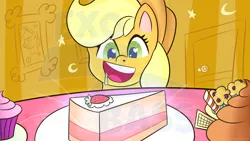 Size: 2560x1440 | Tagged: safe, artist:exobass, derpibooru import, applejack, oc, oc:tw3lv3, my little pony: pony life, cake, delicious, food, image, muffin, png, thumbnail, watermark