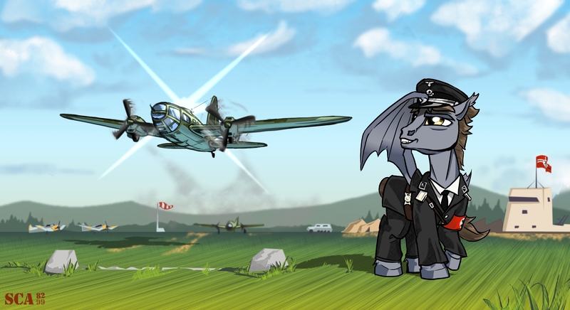 Size: 2000x1090 | Tagged: safe, artist:scarletdex8299, derpibooru import, oc, oc:devin, unofficial characters only, bat pony, pony, armband, army, axis, base, bat pony oc, bat wings, bomber, car, clothes, cloud, ender's herd, flag, flying, germany, grass, hat, he-111, hill, image, insignia, jacket, jpeg, ju-87, looking at something, luftwaffe, male, military, military uniform, nazi, nazi germany, nazi uniform, outfit, plane, reflection, runway, salute, scenery, schutzstaffel, sky, smiling, solo, solo male, stallion, stuka, swastika, tree, uniform, unshorn fetlocks, waffen-ss, war, wings, world war ii