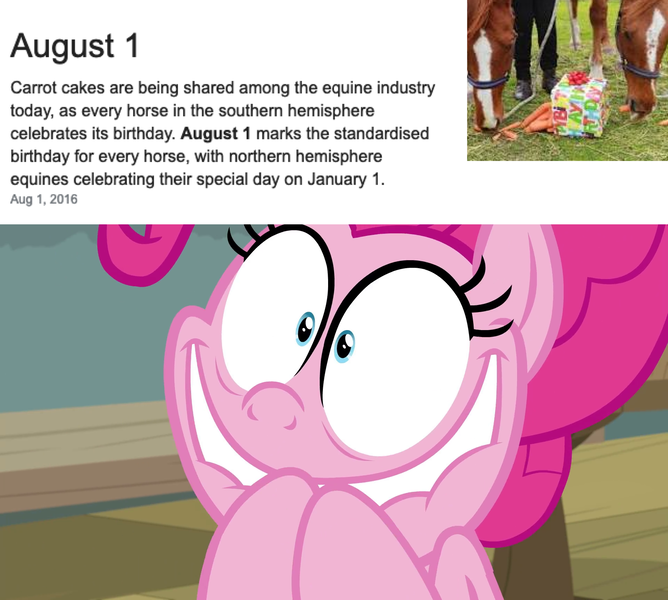 Size: 1920x1725 | Tagged: safe, derpibooru import, edit, edited screencap, screencap, pinkie pie, earth pony, horse, pony, a trivial pursuit, birthday, cake, carrot, carrot cake (food), excited, faic, female, food, hooves together, image, irl, irl horse, lip bite, mare, photo, pinkie being pinkie, png, shrunken pupils, solo, wide smile