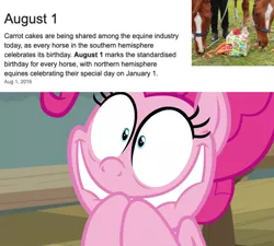 Size: 1920x1725 | Tagged: safe, derpibooru import, edit, edited screencap, screencap, pinkie pie, earth pony, horse, pony, a trivial pursuit, birthday, cake, carrot, carrot cake (food), excited, faic, female, food, hooves together, image, irl, irl horse, lip bite, mare, photo, pinkie being pinkie, png, shrunken pupils, solo, wide smile