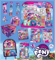 Size: 1010x1093 | Tagged: safe, derpibooru import, official, hitch trailblazer, izzy moonbow, pipp petals, sunny starscout, zipp storm, pony, backpack, box, female, g5, image, magazine, male, mane five (g5), mare, maretime bay, merchandise, my little pony logo, png, stallion, text