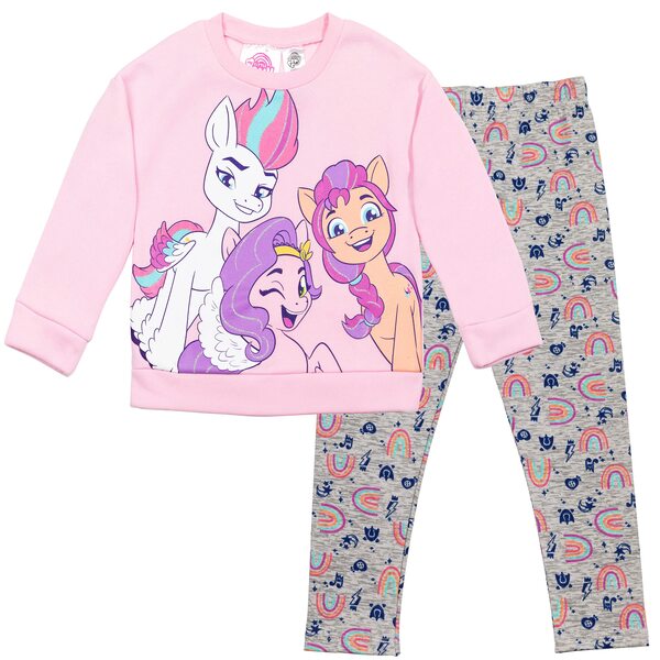 Size: 2400x2400 | Tagged: safe, derpibooru import, official, pipp petals, sunny starscout, zipp storm, earth pony, pegasus, pony, clothes, cutie mark, female, g5, image, jpeg, leggings, mare, merchandise, my little pony logo, pullover, rainbow, simple background, sweatshirt, white background