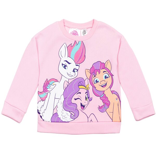 Size: 2400x2400 | Tagged: safe, derpibooru import, official, pipp petals, sunny starscout, zipp storm, earth pony, pegasus, pony, clothes, female, g5, image, jpeg, mare, merchandise, my little pony logo, pullover, simple background, sweatshirt, white background