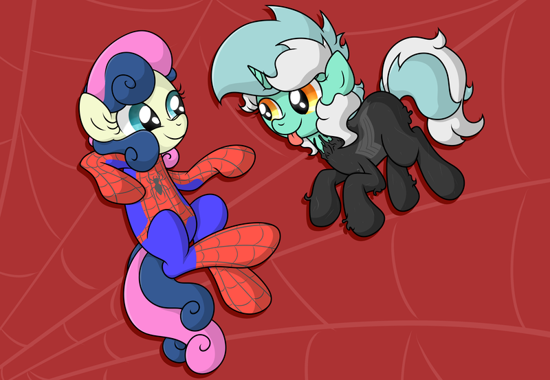 Size: 5639x3898 | Tagged: safe, artist:background basset, derpibooru import, bon bon, lyra heartstrings, sweetie drops, earth pony, pony, unicorn, abstract background, crossover, floating, image, png, spider-man, symbiote, tongue out, venom