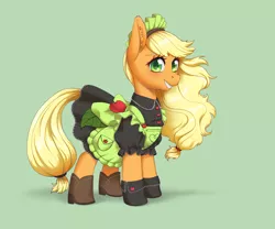 Size: 3902x3241 | Tagged: safe, artist:taytinabelle, derpibooru import, part of a set, applejack, earth pony, pony, alternate hairstyle, apron, booties, boots, clothes, cute, cutie mark, cutie mark accessory, cutie mark on clothes, dress, ear fluff, female, flowing mane, frilly dress, gradient background, green background, happy, image, looking at you, maid, maid headdress, mare, missing accessory, png, shoes, simple background, smiling, solo