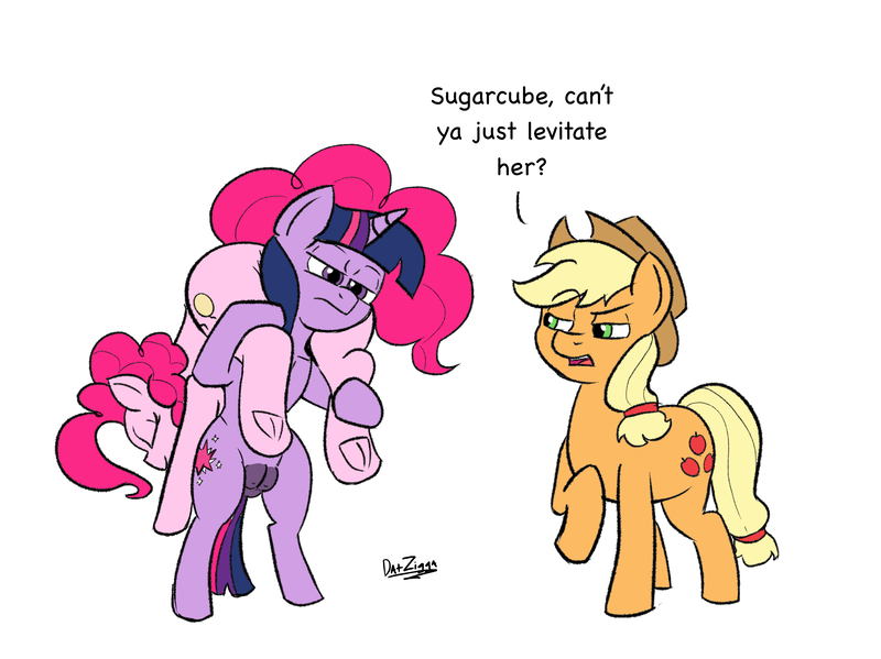 Size: 3083x2310 | Tagged: questionable, artist:datzigga, derpibooru import, applejack, pinkie pie, twilight sparkle, earth pony, pony, unicorn, balloonbutt, bipedal, butt, carrying, crotchboobs, dark genitals, dialogue, female, frog (hoof), image, mare, nudity, png, sleeping, teats, thick, thighs, underhoof, unicorn twilight