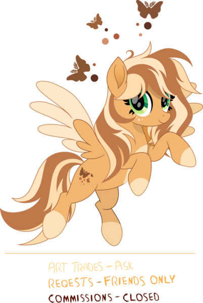 Size: 731x1094 | Tagged: safe, artist:pumpkinpieforlife, derpibooru import, oc, oc:goldi, butterfly, insect, pegasus, pony, alternate design, coat markings, female, flying, image, looking at you, mare, movie accurate, pegasus oc, png, simple background, smiling, smiling at you, socks (coat marking), transparent background, two toned mane, two toned tail, two toned wings, wings