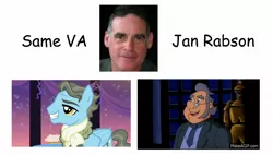 Size: 1904x1080 | Tagged: safe, derpibooru import, screencap, wind rider, rarity investigates, beauty and the beast, exploitable meme, image, jan rabson, jpeg, meme, old man, photo, same voice actor, text, voice actor