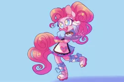 Size: 3000x2000 | Tagged: safe, artist:y0urstruiy, derpibooru import, pinkie pie, anthro, earth pony, plantigrade anthro, coinky-dink world, eqg summertime shorts, equestria girls, 1950s, apron, blue background, clothes, colored pupils, cute, diapinkes, dress, ear fluff, female, food, high res, image, jpeg, milkshake, open mouth, ponytail, roller skates, server pinkie pie, simple background, solo, sundae, tray