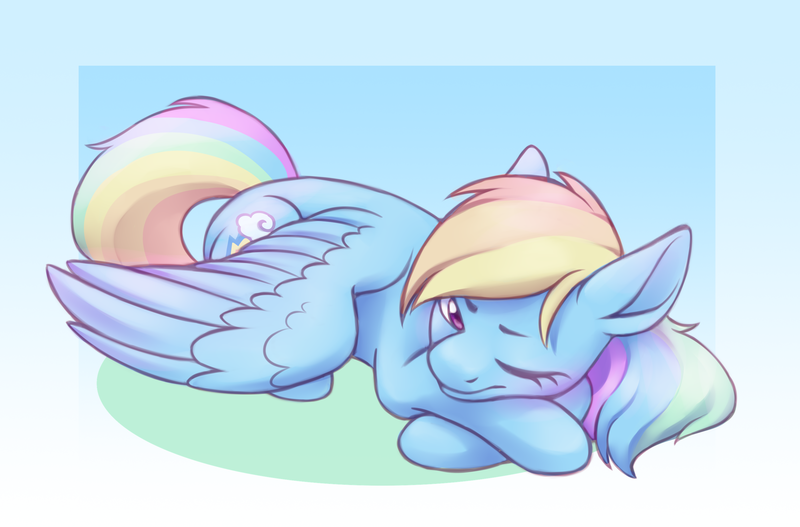 Size: 2800x1845 | Tagged: safe, artist:anvalina, derpibooru import, rainbow dash, pegasus, pony, cute, dashabetes, female, image, lying down, mare, one eye closed, png, prone, solo, waking up