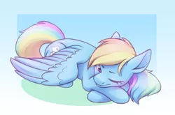 Size: 2800x1845 | Tagged: safe, artist:anvalina, derpibooru import, rainbow dash, pegasus, pony, cute, dashabetes, female, image, lying down, mare, one eye closed, png, prone, solo, waking up