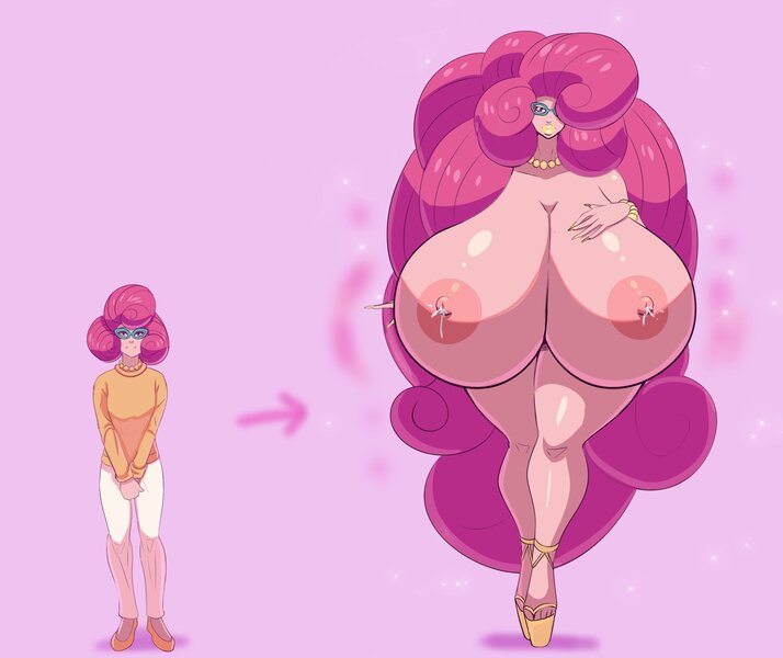 Size: 2048x1721 | Tagged: questionable, artist:annon, derpibooru import, posey shy, human, areola, big areola, big breasts, big hair, bimbo, bimboification, breasts, busty posey shy, clothes, female, high heels, huge breasts, humanized, hyper, hyper breasts, image, impossibly large breasts, impossibly long hair, jpeg, lactation, lipstick, makeup, milk, nipples, nudity, platform heels, purple background, shoes, simple background, solo, solo female