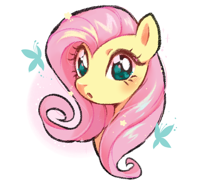 Size: 850x720 | Tagged: safe, artist:plushloo, derpibooru import, fluttershy, butterfly, insect, pony, :o, blushing, bust, female, image, looking at you, mare, open mouth, png, portrait, simple background, solo, three quarter view, white background