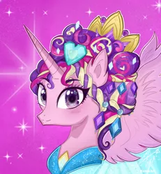 Size: 720x778 | Tagged: safe, artist:namieart, derpibooru import, princess cadance, alicorn, pony, games ponies play, alternate hairstyle, bust, ceremonial headdress, clothes, crown, cute, cutedance, dress, female, heart eyes, image, jewelry, jewels, looking at you, mare, png, portrait, purple background, regalia, simple background, solo, sparkles, wingding eyes