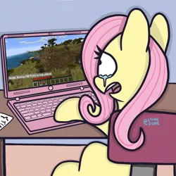 Size: 2048x2048 | Tagged: safe, artist:lynnpone, derpibooru import, angel bunny, fluttershy, pegasus, pony, chair, computer, crying, desk, funny, game, gamershy, gaming, gasp, image, laptop computer, minecraft, png, solo