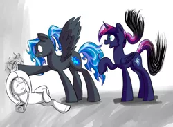 Size: 950x700 | Tagged: safe, artist:patty-plmh, derpibooru import, oc, pegasus, pony, unicorn, horn, image, jpeg, offspring, parent:dumbbell, parent:rainbow dash, parents:dumbdash, pegasus oc, punch, scared, story included, unicorn oc, wings