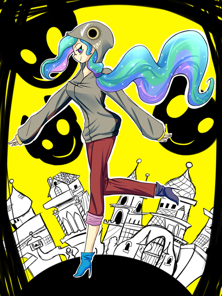 Size: 1200x1600 | Tagged: safe, artist:patty-plmh, derpibooru import, princess celestia, human, clothes, female, high heels, hoodie, humanized, image, outdoors, pants, png, shoes, smiling, solo