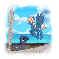 Size: 750x750 | Tagged: safe, artist:patty-plmh, derpibooru import, oc, oc:aerostorm, oc:bruce, unofficial characters only, earth pony, pegasus, pony, pandoraverse, animated, beach, braid, cloud, duo, earth pony oc, flying, frown, gif, hair over eyes, image, male, ocean, offspring, outdoors, parent:dumbbell, parent:rainbow dash, parents:dumbdash, pegasus oc, ship, smiling, stallion, wings