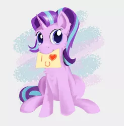 Size: 3096x3143 | Tagged: safe, artist:l1ght, derpibooru import, starlight glimmer, pony, unicorn, friendship is magic, i love you, image, looking at you, mouth hold, png, purple eyes, reformed starlight, shiny eyes, shiny mane, simple background, sitting, solo