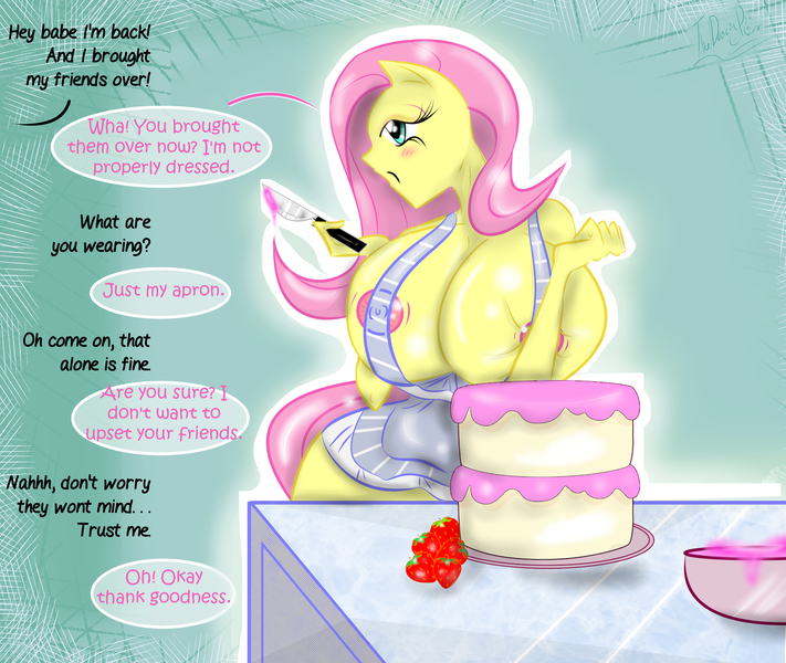 Size: 2901x2448 | Tagged: questionable, artist:thedansingpig, derpibooru import, fluttershy, anthro, pegasus, abstract background, apron, areola, big breasts, blushing, breasts, busty fluttershy, cake, clothes, dialogue, erect nipples, eyelashes, female, food, huge breasts, human facial structure, image, jpeg, naked apron, nipple outline, nipples, nudity, offscreen character, solo, solo female, useless clothing, wingless, wingless anthro