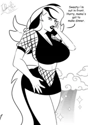 Size: 3541x5016 | Tagged: suggestive, artist:thedansingpig, derpibooru import, oc, unofficial characters only, anthro, pegasus, big breasts, black and white, breasts, clothes, cloud, female, fishnets, grayscale, huge breasts, human facial structure, image, jpeg, lipstick, monochrome, pegasus oc, rainbow, signature, skirt, solo, solo female, talking, wings