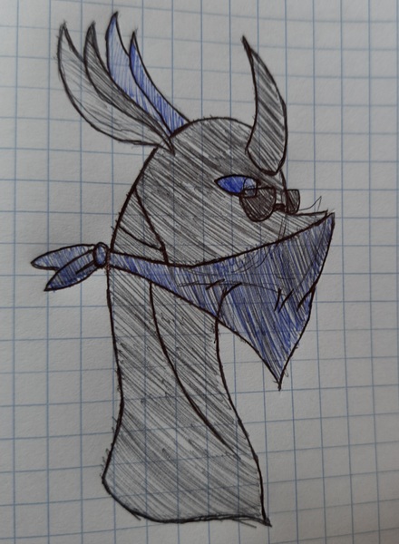 Size: 2104x2869 | Tagged: safe, artist:agdapl, derpibooru import, changeling, bandana, bust, changelingified, crossover, curved horn, graph paper, horn, image, jpeg, male, sniper, solo, species swap, sunglasses, team fortress 2, traditional art