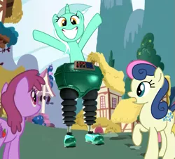 Size: 627x566 | Tagged: safe, derpibooru import, berry punch, berryshine, bon bon, lyra heartstrings, sweetie drops, pony, female, image, png, ponyville, robot legs, techno trousers, the wrong trousers, wallace and gromit