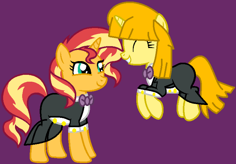 Size: 755x526 | Tagged: safe, artist:jadethepegasus, artist:miatdm, derpibooru import, sunset shimmer, oc, oc:tippy toes, pony, unicorn, base used, bowtie, clothes, duo, eyes closed, female, grin, image, jumping, mare, pants, png, purple background, shirt, simple background, skirt, smiling, suit