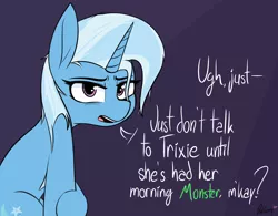 Size: 2280x1780 | Tagged: safe, artist:pinkberry, derpibooru import, trixie, pony, unicorn, bags under eyes, cute, cutie mark, diatrixes, eyelashes, horn, image, messy mane, monster energy, png, signature, speech, talking, talking to viewer, text, tired