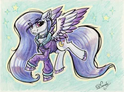 Size: 3600x2683 | Tagged: safe, artist:dandy, derpibooru import, oc, unofficial characters only, pegasus, pony, choker, clothes, colored pencil drawing, colored wings, female, gradient wings, high res, hoodie, image, looking at you, png, raffle prize, signature, simple background, solo, traditional art, unshorn fetlocks, wings