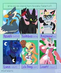 Size: 857x1024 | Tagged: safe, artist:pegacats, derpibooru import, princess luna, bird, cat, dragon, rabbit, six fanarts, animal, animal crossing, anthro with ponies, basket, bedroom eyes, clothes, crescent moon, cross-popping veins, crossdressing, crossed arms, crossover, ethereal mane, furry, glasses, heterochromia, how to train your dragon, image, jewelry, jpeg, lola bunny, looney tunes, lurantis, maid, moon, peytral, pokémon, raymond, space jam, starry mane, stars, the legend of zelda, tiara, toothless the dragon