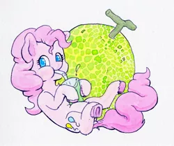 Size: 1888x1593 | Tagged: safe, artist:lost marbles, derpibooru import, pinkie pie, earth pony, pony, drink, food, glass, image, jpeg, melon, soda, straw, traditional art, watercolor painting