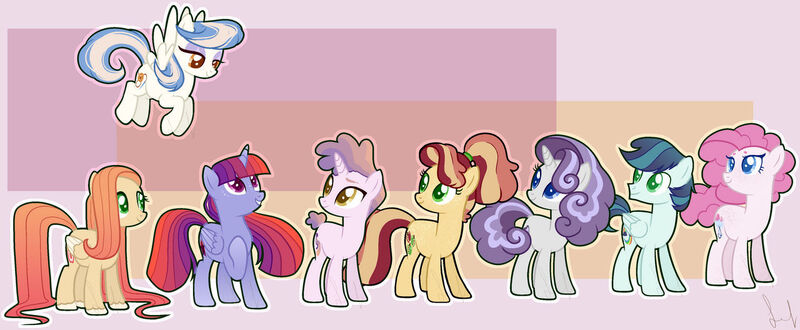 Size: 1280x528 | Tagged: safe, artist:leaf-in-thewind, derpibooru import, oc, unofficial characters only, alicorn, earth pony, pegasus, pony, unicorn, alicorn oc, base used, colored pupils, earth pony oc, horn, image, jpeg, magical lesbian spawn, magical threesome spawn, multiple parents, offspring, parent:applejack, parent:big macintosh, parent:cherry jubilee, parent:coloratura, parent:double diamond, parent:fire streak, parent:fluttershy, parent:jet set, parent:pinkie pie, parent:rainbow dash, parent:rarity, parent:sapphire shores, parent:soarin', parent:suri polomare, parent:svengallop, parent:twilight sparkle, parent:upper crust, parents:cherryjack, parents:doublepinkie, parents:fluttermac, parents:soarara, parents:surigallop, parents:twidash, pegasus oc, unicorn oc, wings