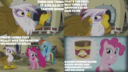 Size: 1280x720 | Tagged: safe, derpibooru import, edit, edited screencap, editor:quoterific, screencap, gilda, pinkie pie, rainbow dash, earth pony, gryphon, pegasus, pony, season 5, the lost treasure of griffonstone, bipedal, female, flying, glowing cutie mark, grin, image, mare, open mouth, png, smiling, trio, trio female