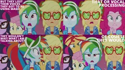 Size: 1280x720 | Tagged: safe, derpibooru import, edit, edited screencap, editor:quoterific, screencap, applejack, fluttershy, pinkie pie, rainbow dash, rarity, sci-twi, sunset shimmer, twilight sparkle, equestria girls, equestria girls series, sunset's backstage pass!, spoiler:eqg series (season 2), female, geode of sugar bombs, glasses, hairpin, humane five, humane six, image, jpeg, magical geodes, music festival outfit, open mouth, ponytail