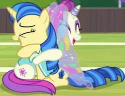 Size: 667x516 | Tagged: safe, derpibooru import, screencap, asteria, mystic moonlight, pony, unicorn, 2 4 6 greaaat, season 9, spoiler:s09, cropped, duo, female, glimmer wings, horn, horn ring, hug, image, jewelry, mare, png, ring, wings