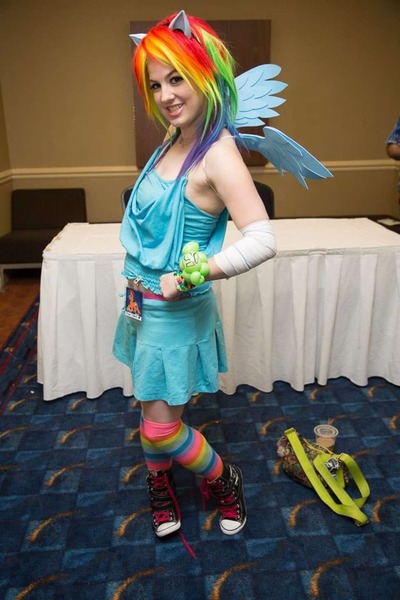 Size: 973x1459 | Tagged: safe, artist:rina-chan, derpibooru import, rainbow dash, human, brony fan fair, brony fan fair 2014, clothes, cosplay, costume, image, irl, irl human, jpeg, kira buckland, photo