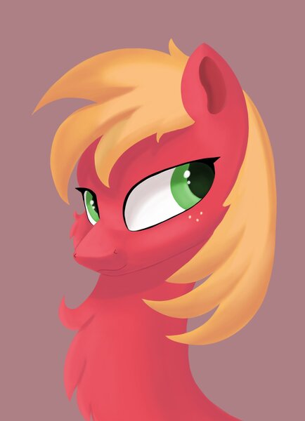 Size: 1459x2018 | Tagged: safe, artist:stargrid, derpibooru import, big macintosh, earth pony, pony, :3, bust, chest fluff, image, jpeg, lidded eyes, looking at you, looking back, male, simple background, smiling, solo, stallion, tan background