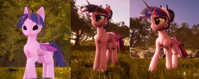 Size: 1854x738 | Tagged: safe, artist:valiant studios, derpibooru import, twilight sparkle, alicorn, pony, 3d, chopsticks, dimensional shift, female, image, mare, nature, png, scan lines, solo, unreal engine, video game, walking