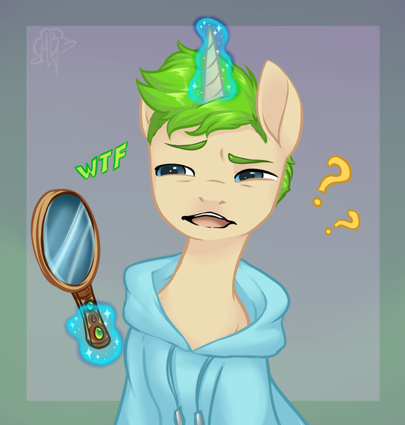 Size: 1900x1994 | Tagged: safe, artist:megabait, derpibooru import, oc, oc:markov, pony, unicorn, blue hoodie, haircut, image, mirror, png, shocked