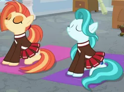 Size: 1003x747 | Tagged: safe, derpibooru import, screencap, lighthoof, shimmy shake, earth pony, pony, 2 4 6 greaaat, season 9, spoiler:s09, cheerleader, cheerleader outfit, clothes, cropped, cute, duo, eyes closed, female, image, mare, pleated skirt, png, skirt, yoga mat