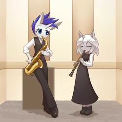 Size: 1200x1200 | Tagged: safe, artist:howxu, derpibooru import, oc, unofficial characters only, anthro, pony, unicorn, chibi, clarinet, clothes, dress, female, image, mare, musical instrument, pants, png, saxophone
