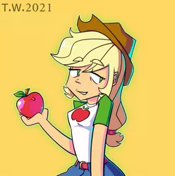 Size: 1267x1277 | Tagged: safe, artist:beefgummies, derpibooru import, applejack, equestria girls, apple, applejack's hat, belt, belt buckle, breasts, clothes, cowboy hat, dripping, food, fruit, hat, image, jpeg, looking to side, one arm up, shirt, simple background, skirt, smiling, yellow background