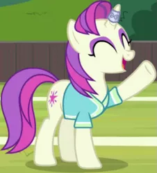 Size: 521x577 | Tagged: safe, derpibooru import, screencap, asteria, pony, unicorn, 2 4 6 greaaat, season 9, spoiler:s09, buckball, clothes, cropped, eyes closed, female, horn, horn ring, image, jewelry, mare, open mouth, png, raised hoof, ring, solo