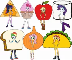 Size: 2388x1987 | Tagged: safe, derpibooru import, applejack, fluttershy, pinkie pie, rainbow dash, rarity, sci-twi, sunset shimmer, twilight sparkle, equestria girls, apple, apple costume, chips, clothes, costume, cupcake, cupcake costume, food, food costume, humane five, humane seven, humane six, image, jpeg, marshmallow, marshmallow costume, nacho costume, nachos, onion, onion costume, peanut butter and jelly, rarity is a marshmallow, sandwich, sandwich costume, simple background, taco, taco costume, white background