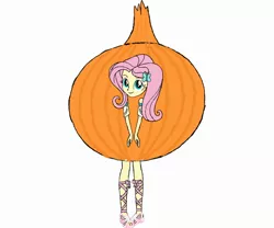Size: 2388x1987 | Tagged: safe, artist:kigtoons, derpibooru import, fluttershy, equestria girls, clothes, costume, food, food costume, image, jpeg, onion, onion costume, simple background, solo, white background
